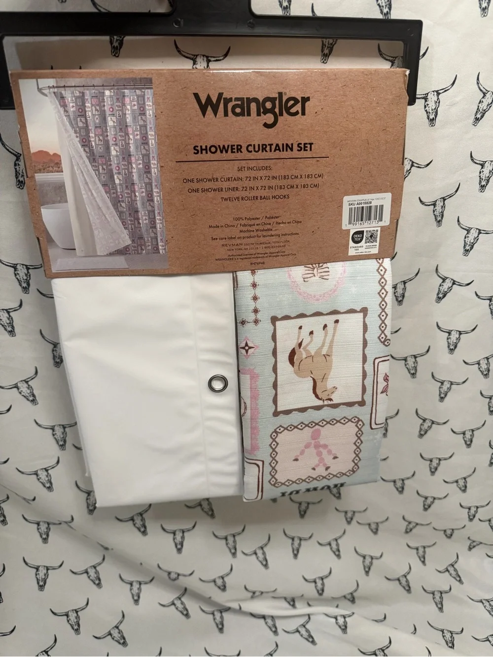 Wrangler Western Shower Curtain Set – Pink, White, Light Blue & Tan